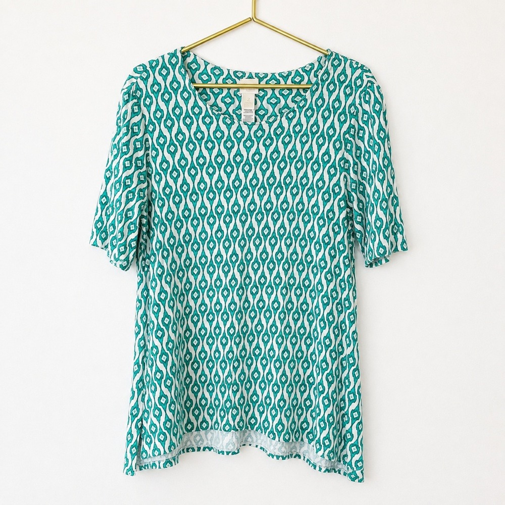 Chico's Ikat Modal Hi Low Tunic Top Teal White Size 2 L Coastal Boho Relaxed fit